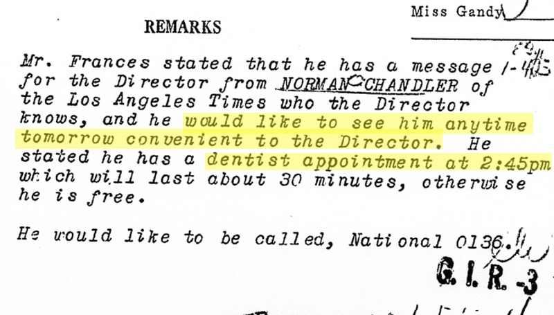 Excerpt from a newly released FBI file on former LA Times publisher Norman Chandler